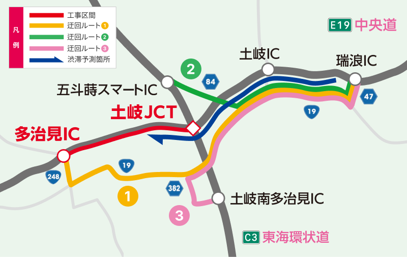 多治見ICから土岐JCTの推奨迂回ルート図。