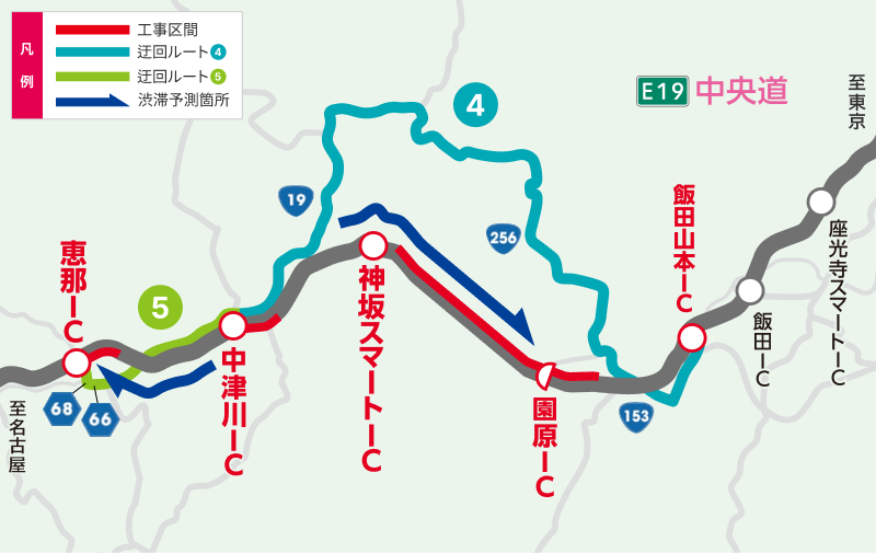 恵那ICから飯田山本ICの推奨迂回ルート図。