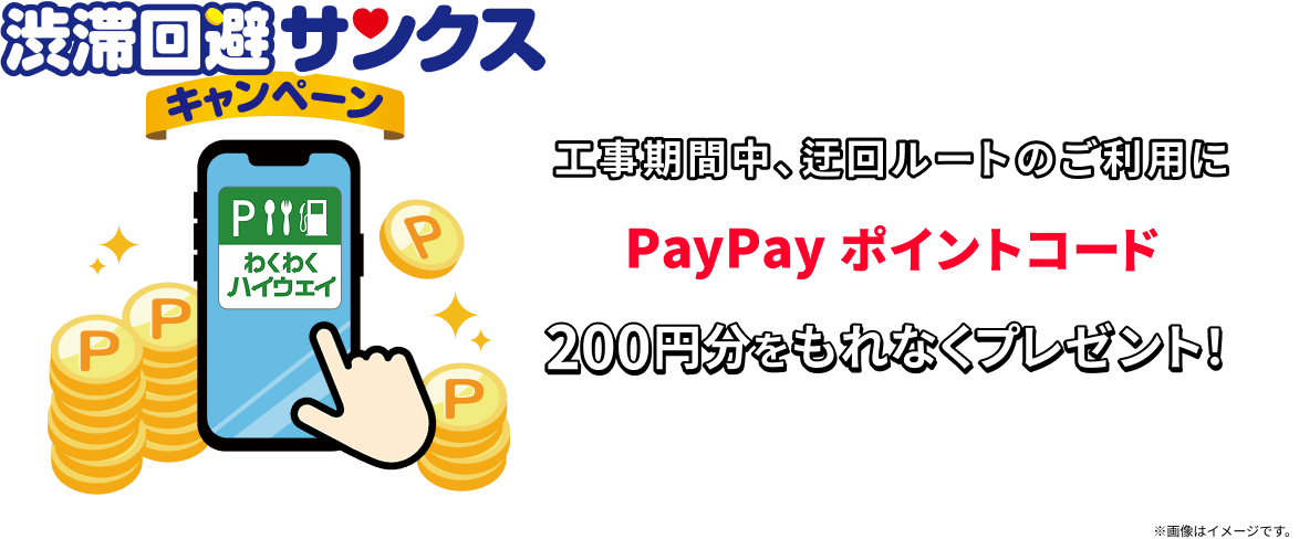 渋滞回避サンクスキャンペーン　工事期間中、迂回ルートのご利用にPayPayポイントコード200円分をもれなくプレゼント！※「わくわくハイウェイ」アプリ限定※事前登録制※画像はイメージです。