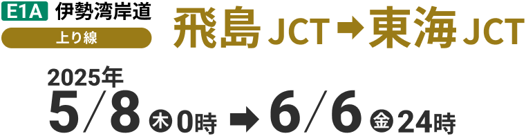 E1A伊勢湾岸道 飛島JCT→東海JCT（上り線） 2025年5/8㊍0時→6/6㊎24時