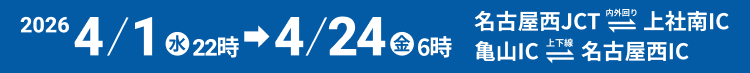 期間は、2026 4/1（水）22時から4/24（金）6時まで。区間は、名古屋西JCTから上社南ICまでの内回り・外回り、および、亀山ICから名古屋西ICまでの上下線です。