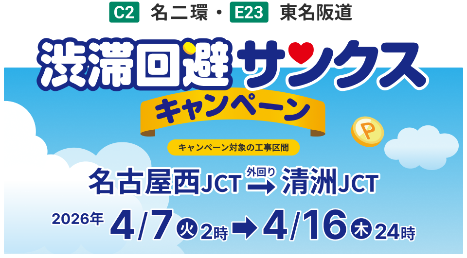 C2名二環・E23東名阪道 渋滞回避サンクスキャンペーン キャンペーン対象の工事区間 名古屋西JCT → 清洲JCT（上り線） 2026年 4/7㊋2時→4/16㊍24時