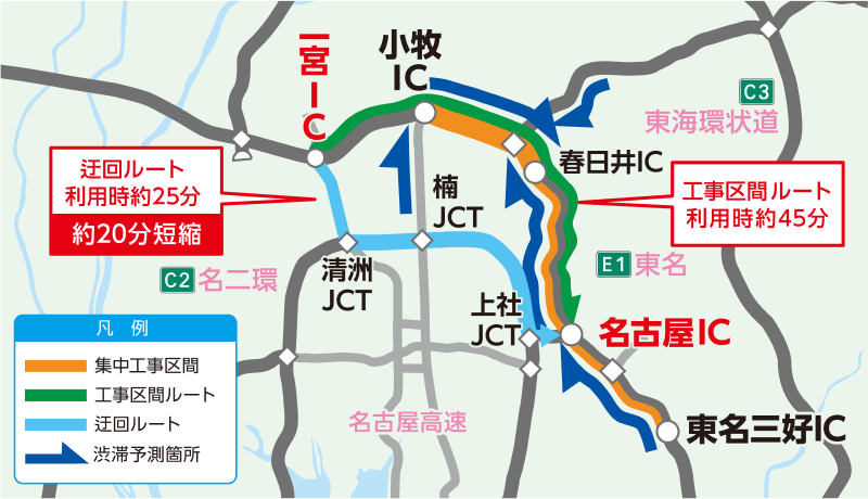 一宮IC→名古屋IC区間のルート例